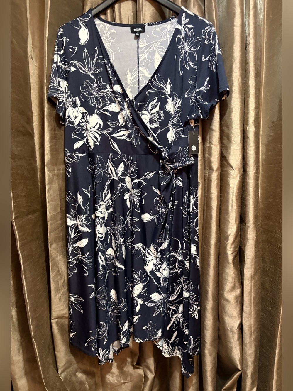 Tacera Navy Floral Faux-Wrap Midi Dress